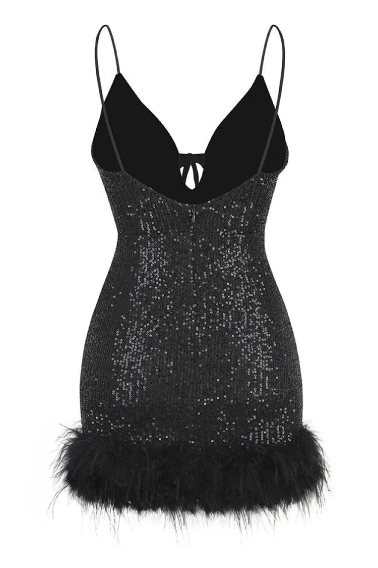 Amozae-hoco dresses -Sparkly Halter Neck Spaghetti Strap Feather Trim Sequin Party Mini Dress - Black