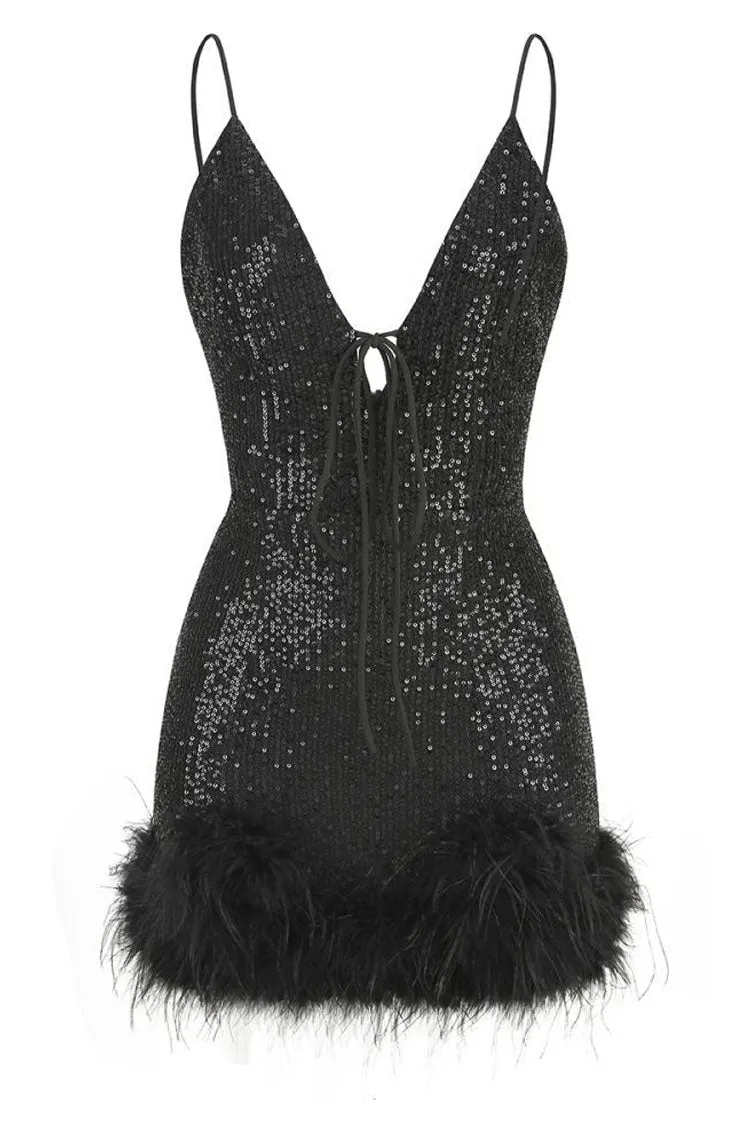 Amozae-hoco dresses -Sparkly Halter Neck Spaghetti Strap Feather Trim Sequin Party Mini Dress - Black