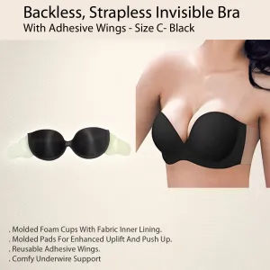 Backless, Strapless Invisible Bra With Adhesive Wings - Size C- Black