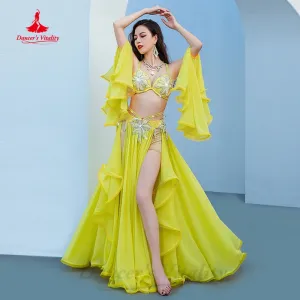 BellyDance Light Luxury Set Customization Pearl Bra sleeves chiffon Split Long Skirt 3pcs Oriental Dance Performance Costumes