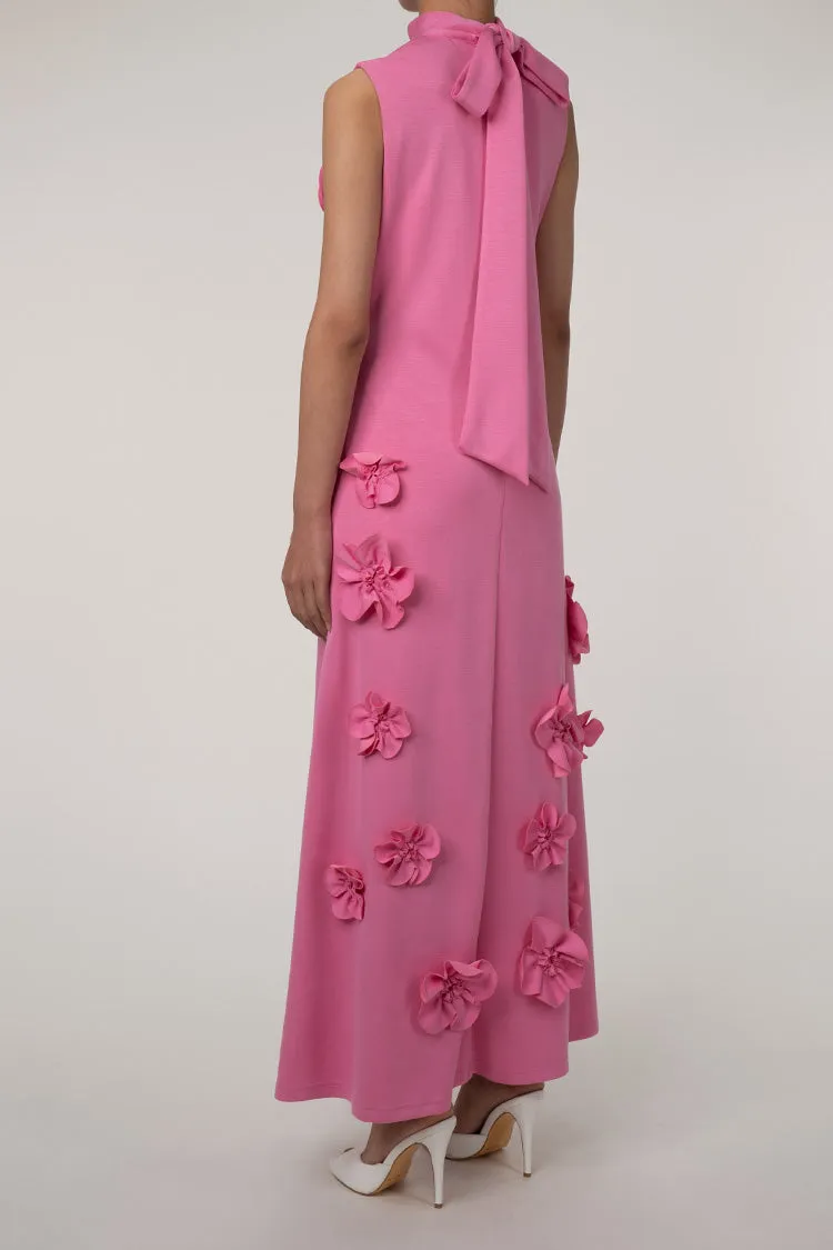 Celebrity Bow Tie Neck Rosette Sleeveless A Line Crepe Evening Maxi Dress