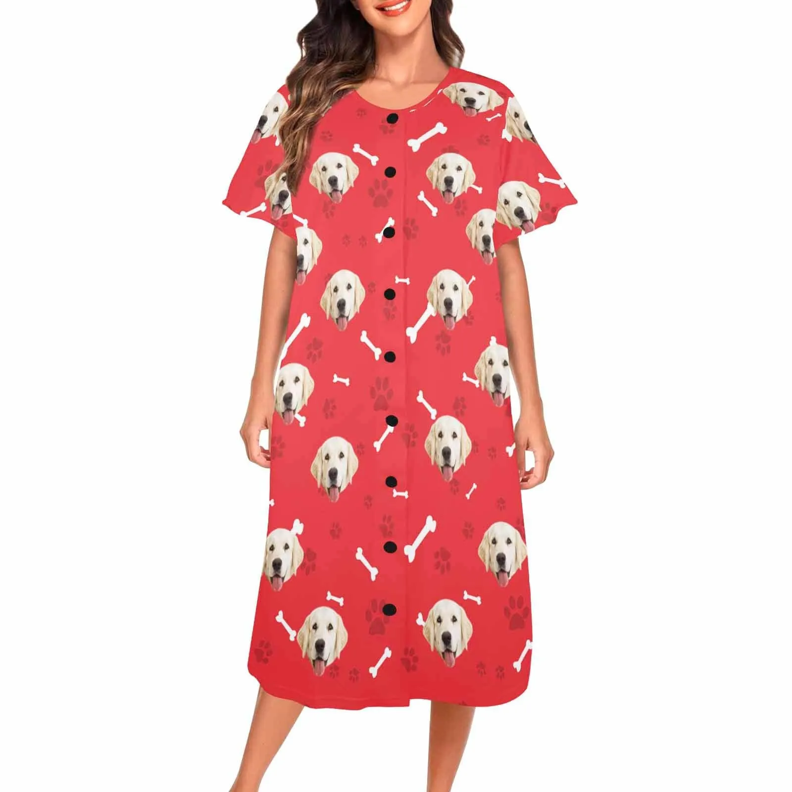 Custom Dog Face Bone & Paw Women's Pajama Dress