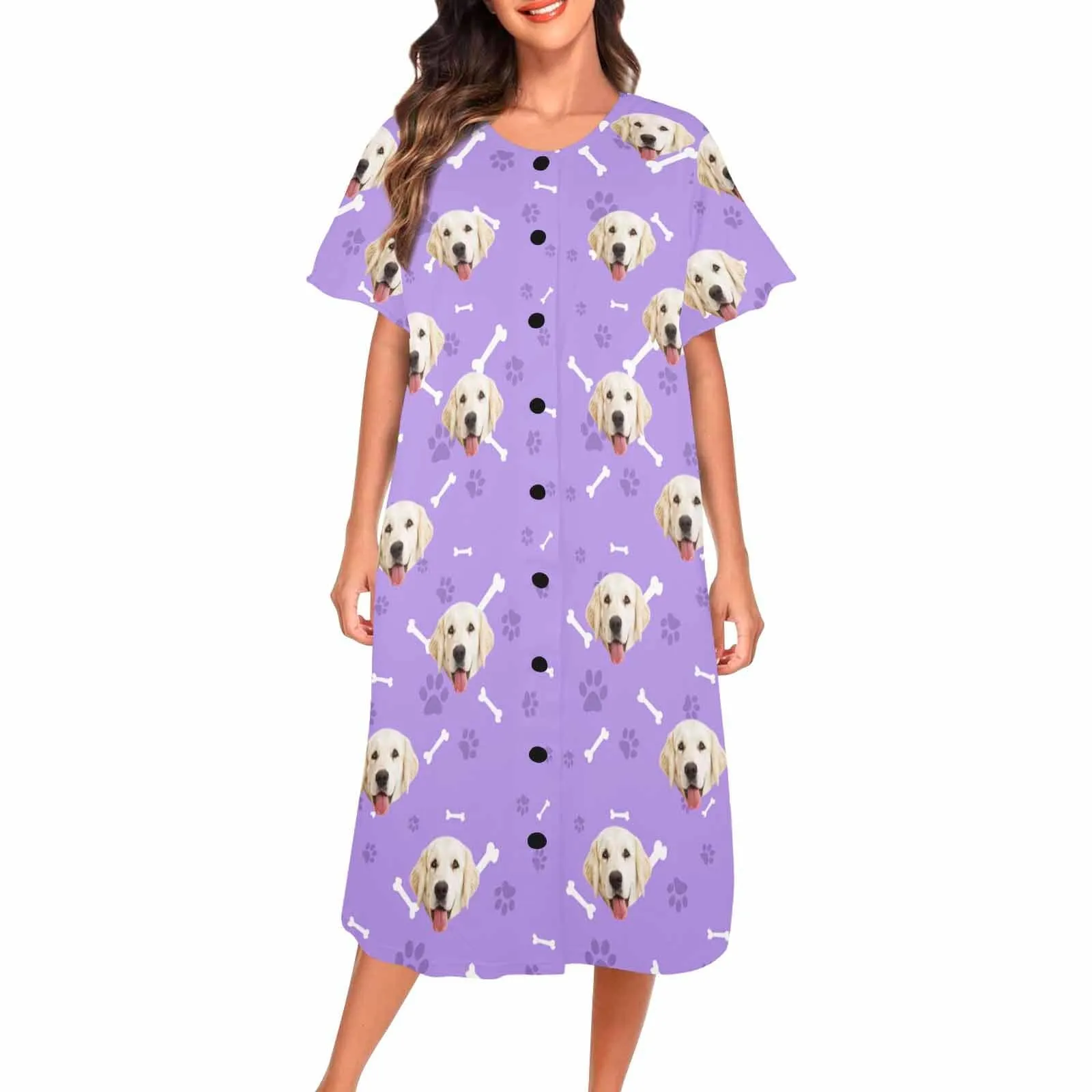 Custom Dog Face Bone & Paw Women's Pajama Dress