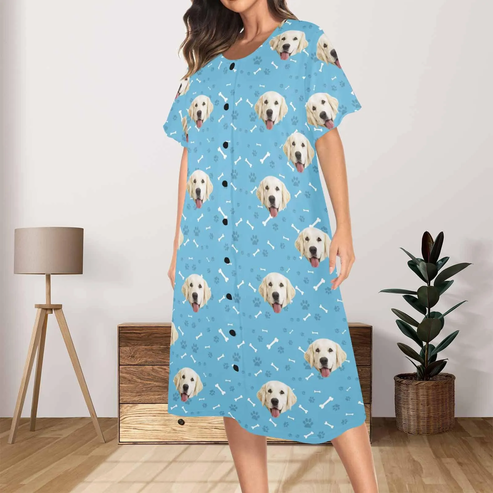 Custom Dog Face Bone & Paw Women's Pajama Dress