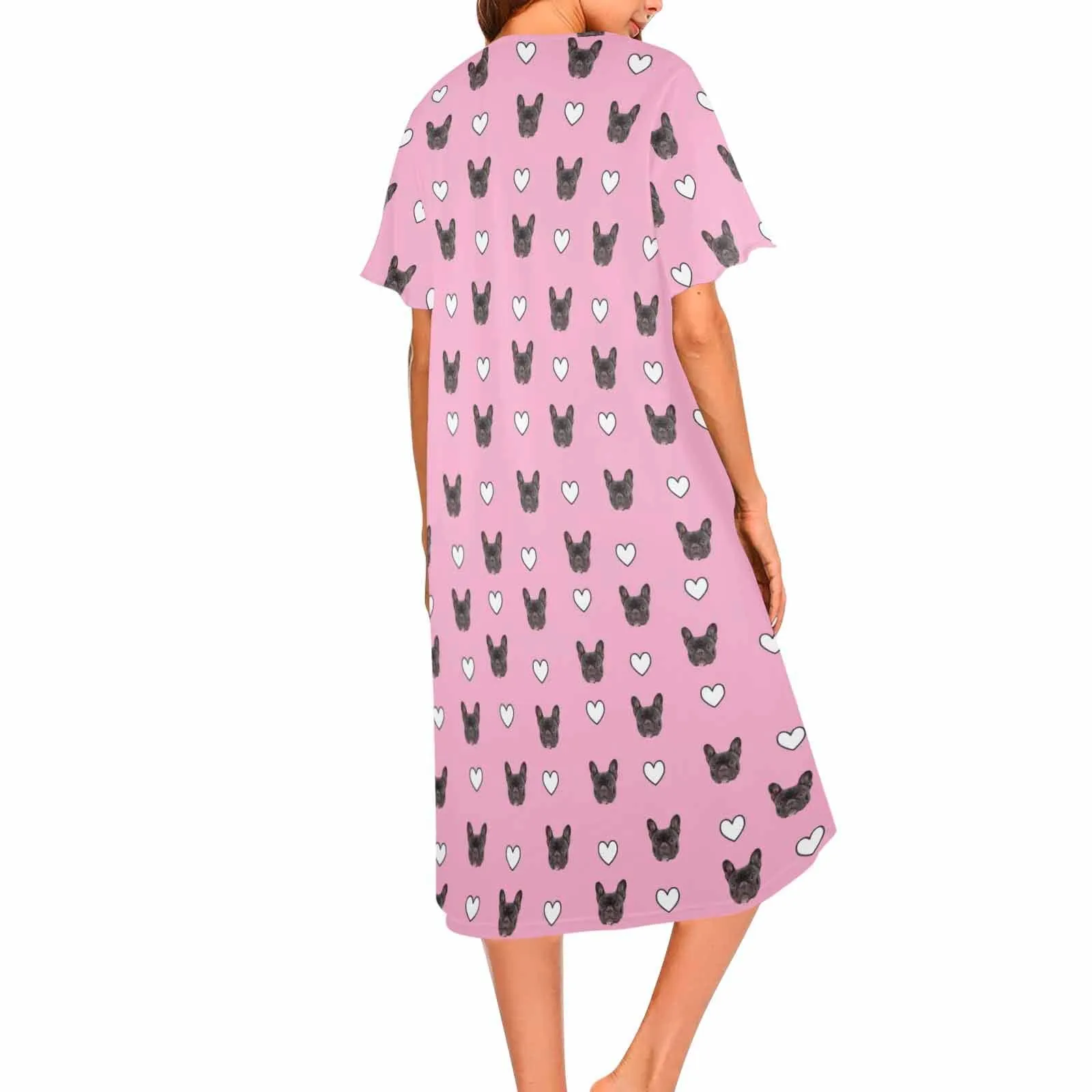 Custom Pet Face Hollow Love Heart Women's Pajama Dress - Pink