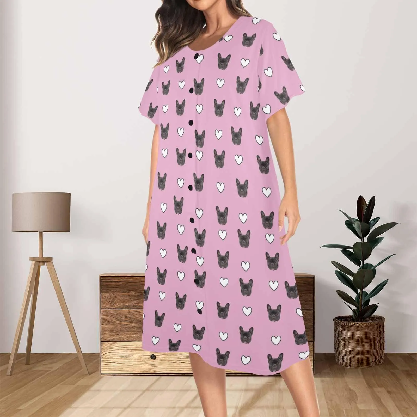 Custom Pet Face Hollow Love Heart Women's Pajama Dress - Pink