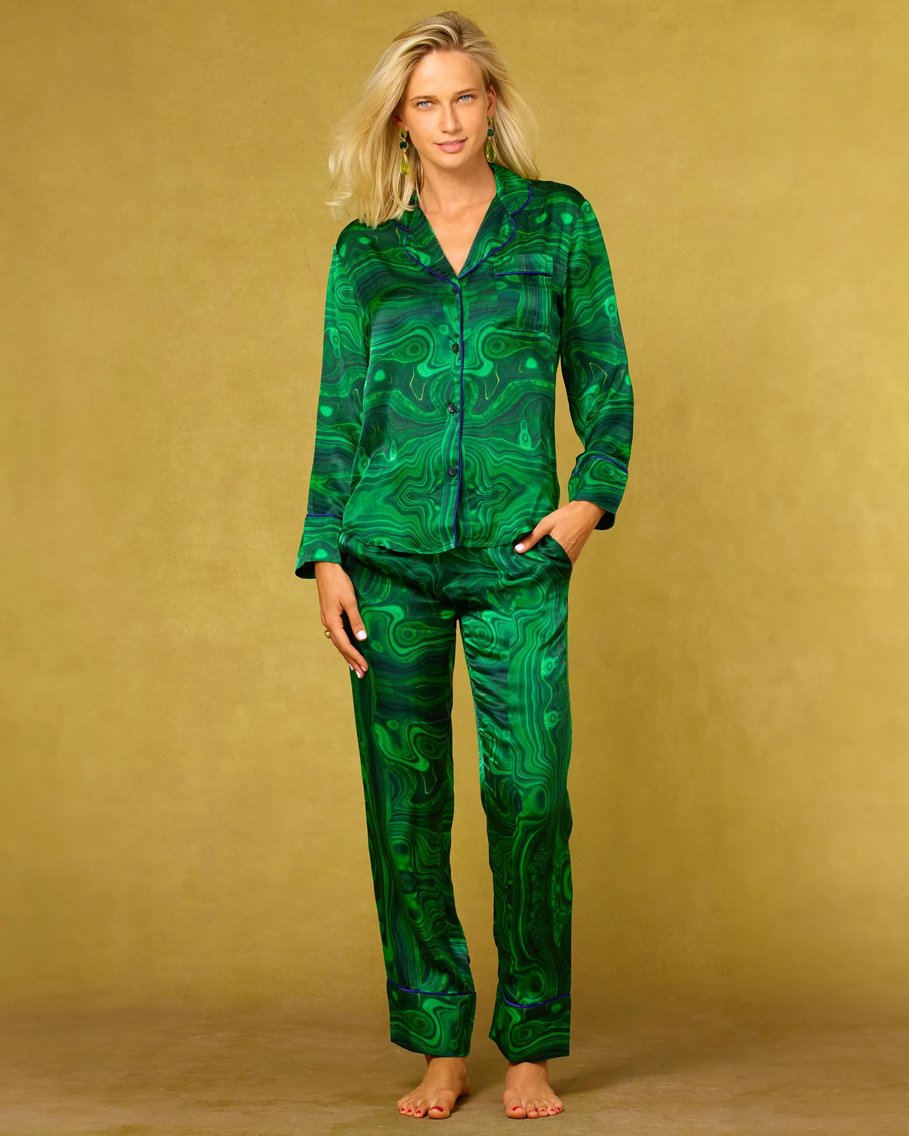 Fleur Washable Silk Pajama Set in Precious Malachite