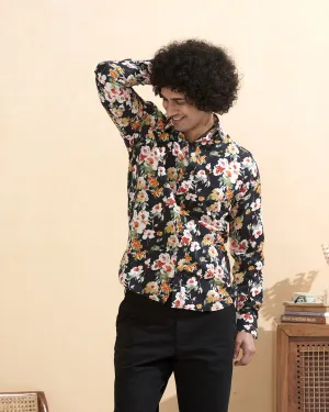 Full Sleeves Black Crepe Casual Printed Men's Shirt