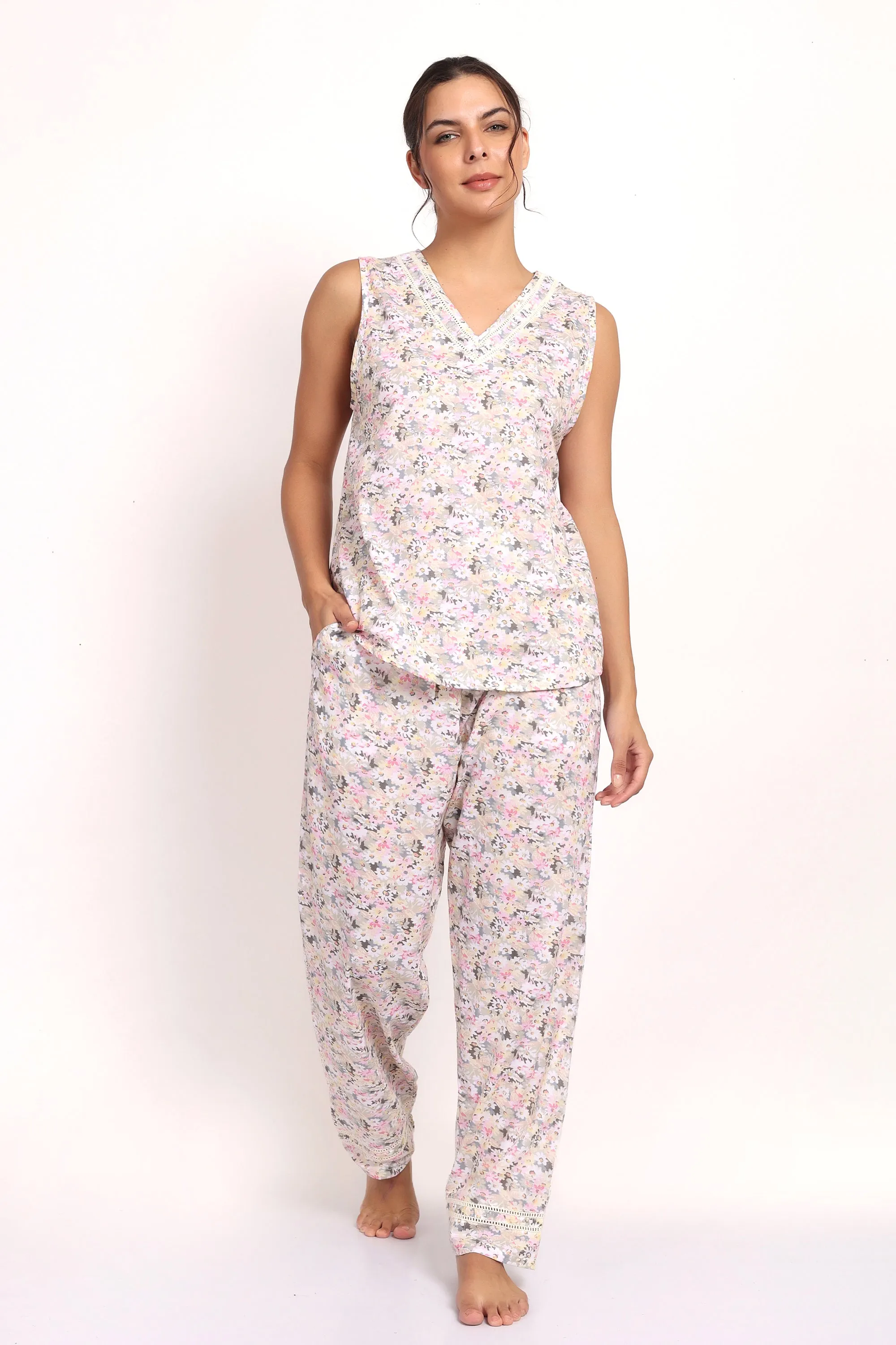 Gatsby V Neck Sleeveless PJ Set Sage/Pink Floral