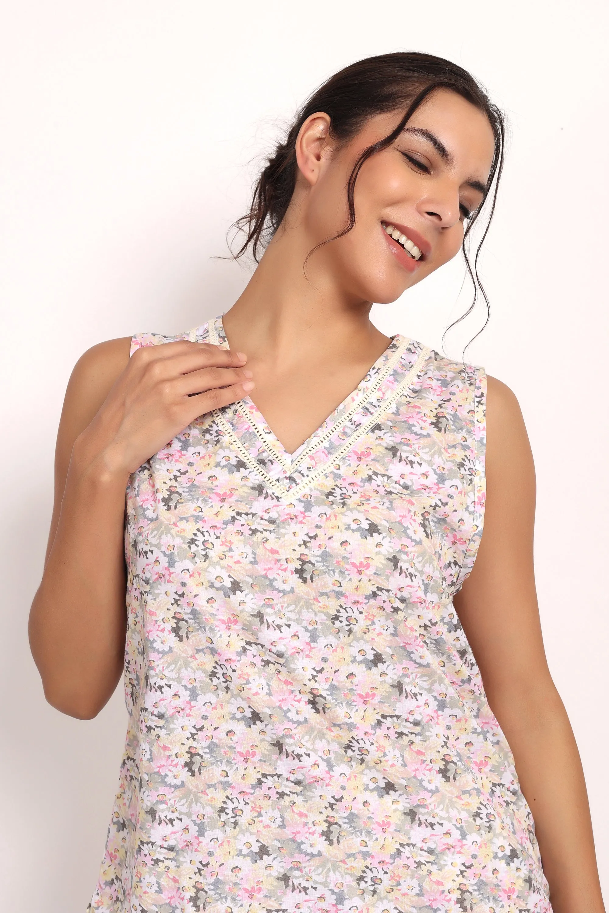 Gatsby V Neck Sleeveless PJ Set Sage/Pink Floral