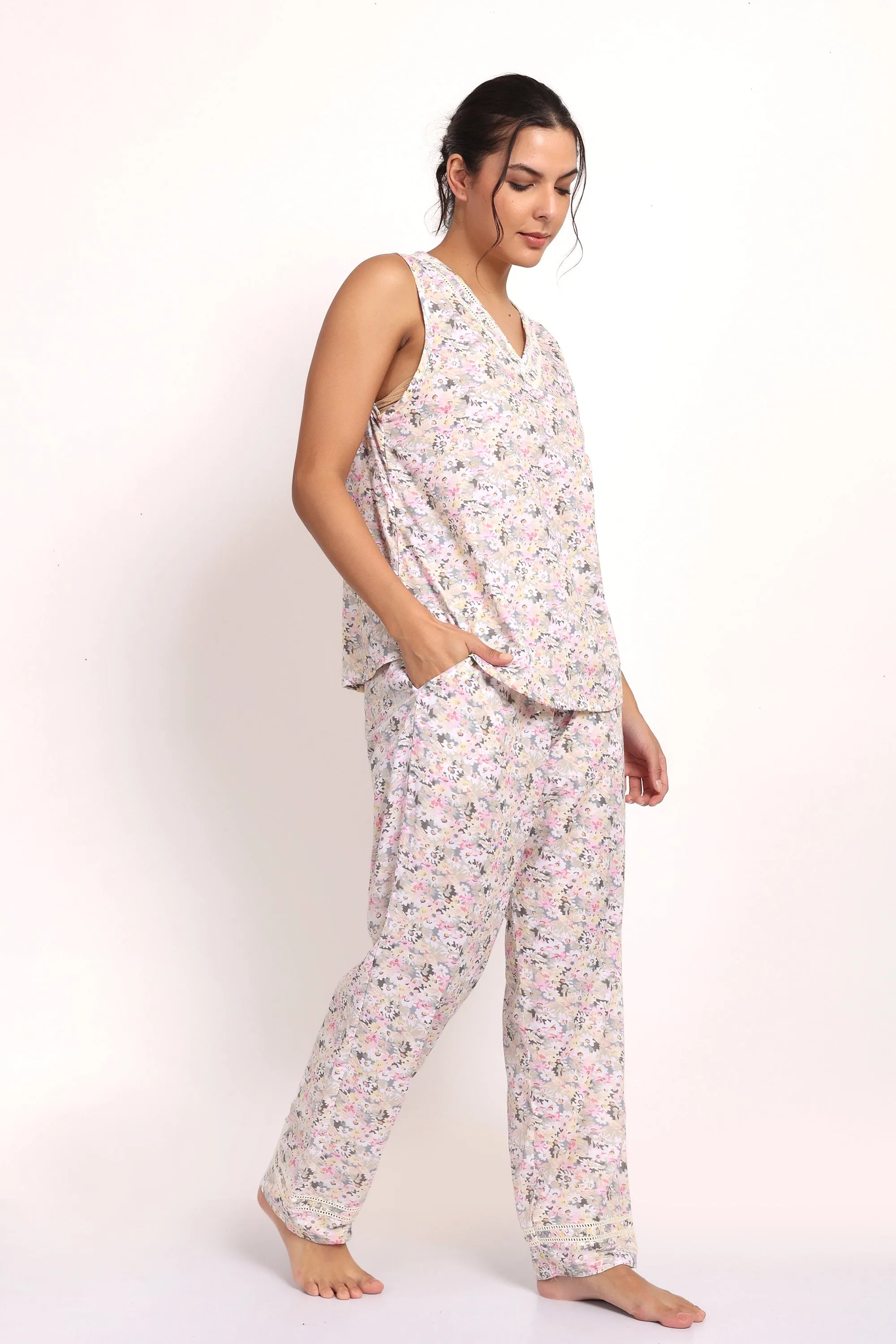 Gatsby V Neck Sleeveless PJ Set Sage/Pink Floral