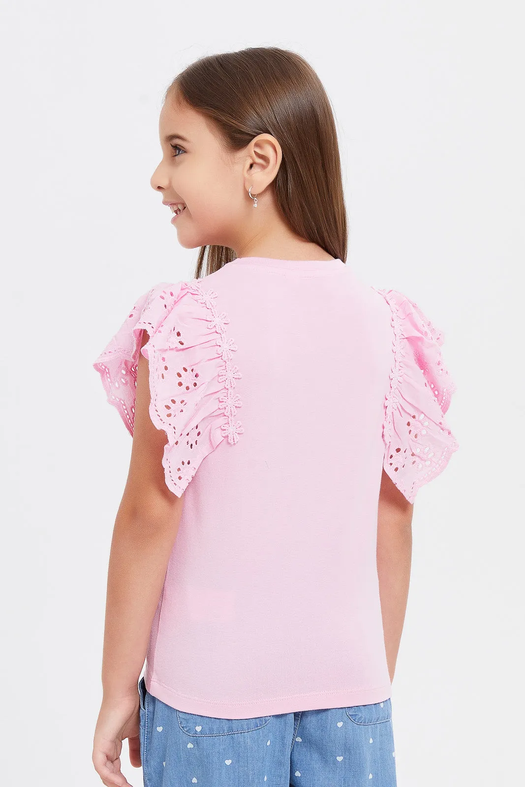 Girls Pink T-Shirt With Schiffli Frill Sleeves