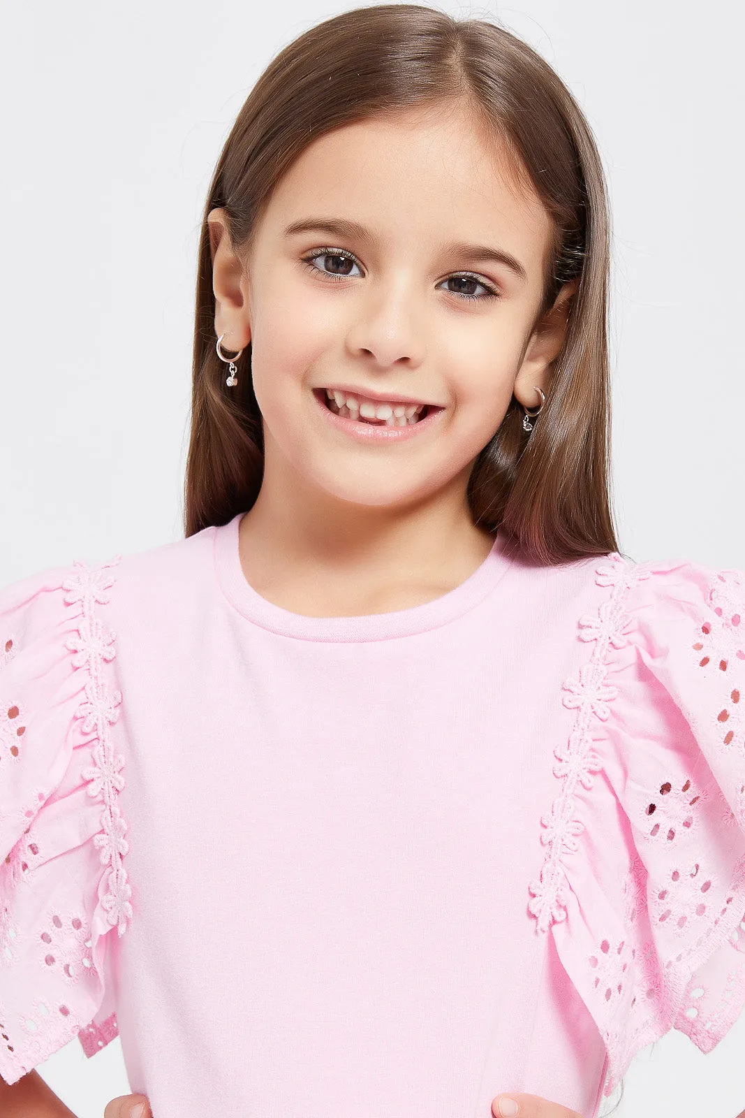 Girls Pink T-Shirt With Schiffli Frill Sleeves