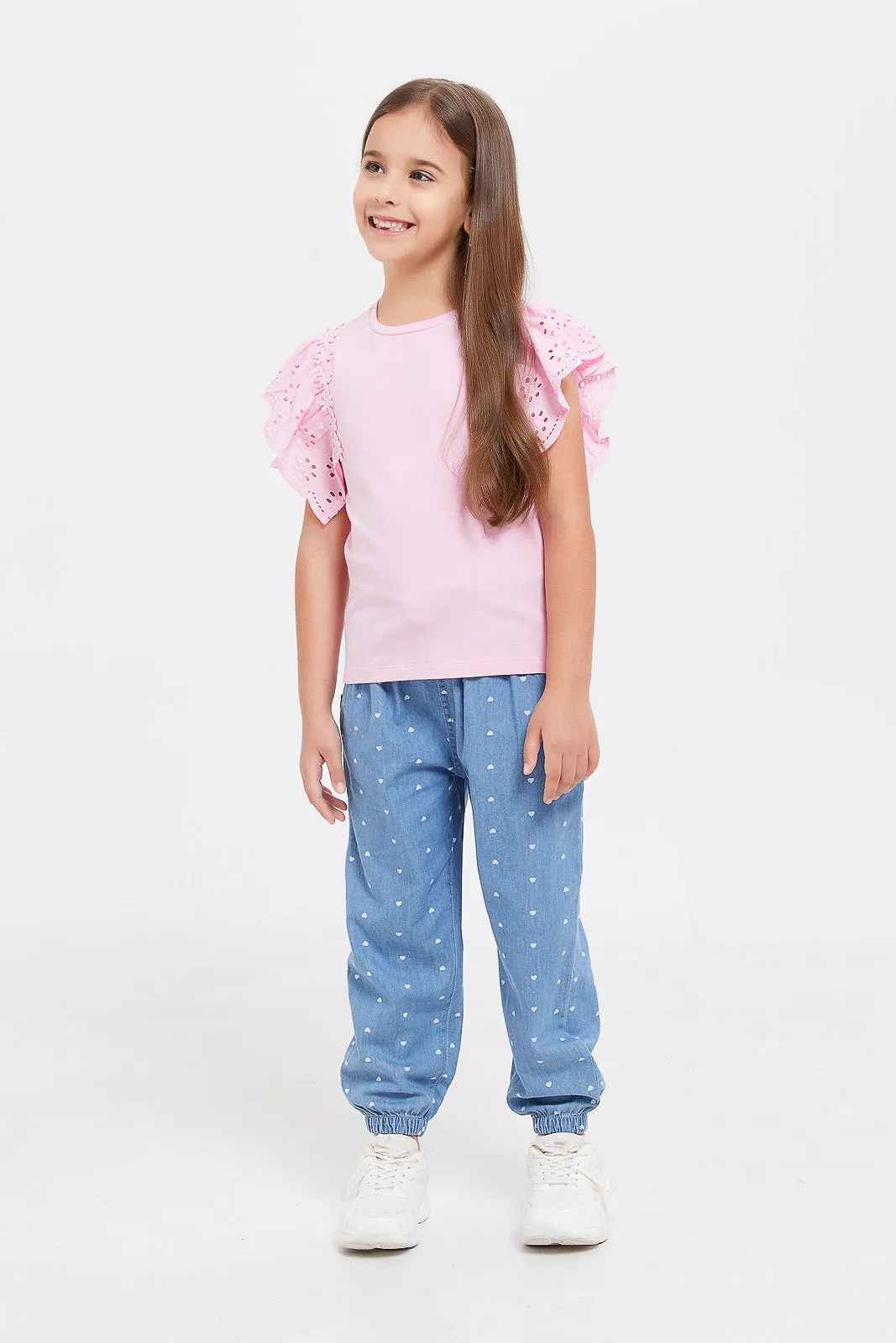 Girls Pink T-Shirt With Schiffli Frill Sleeves