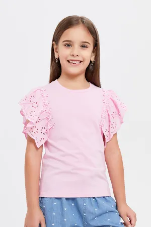 Girls Pink T-Shirt With Schiffli Frill Sleeves