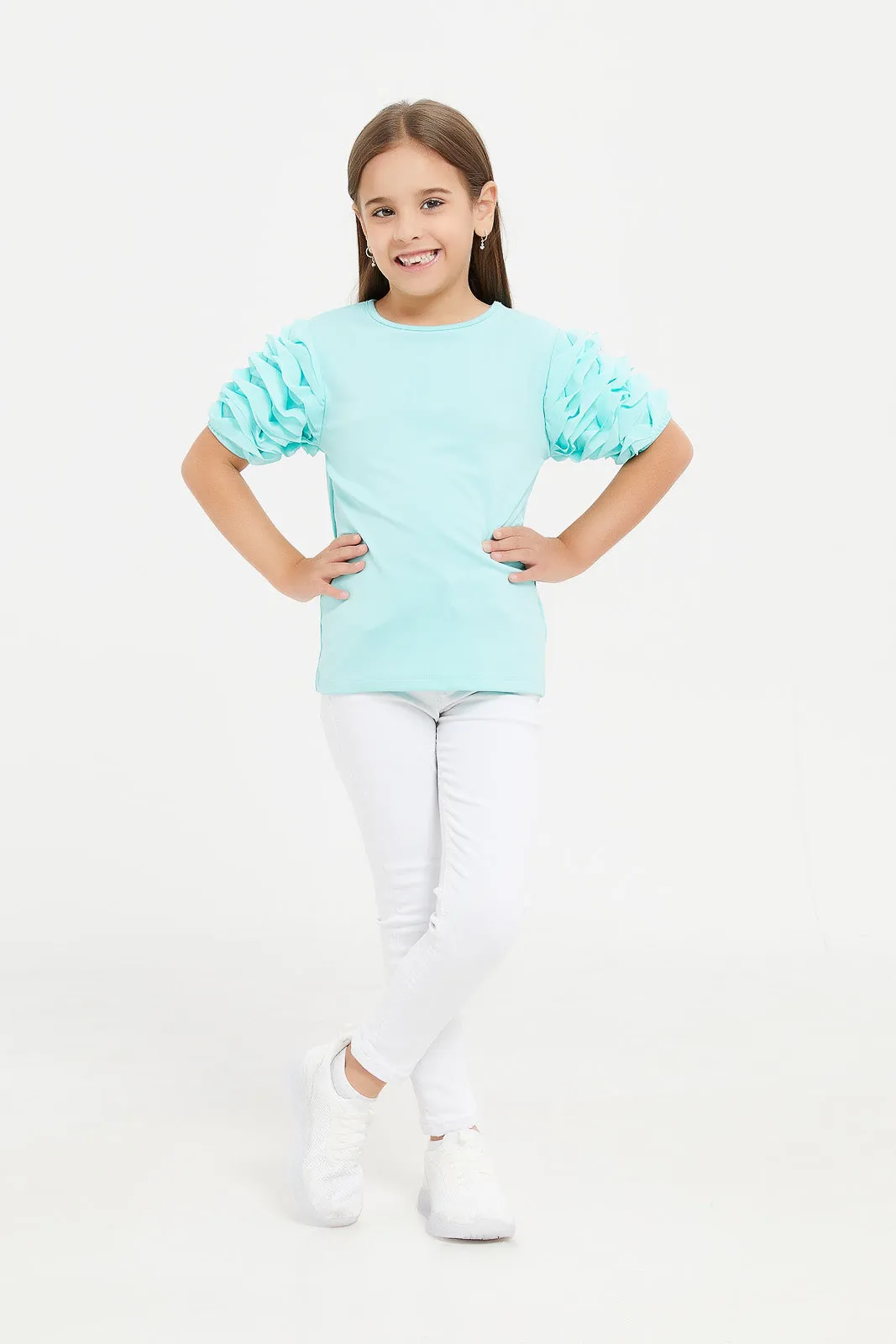 Girls Turquoise Puff Sleeve Top