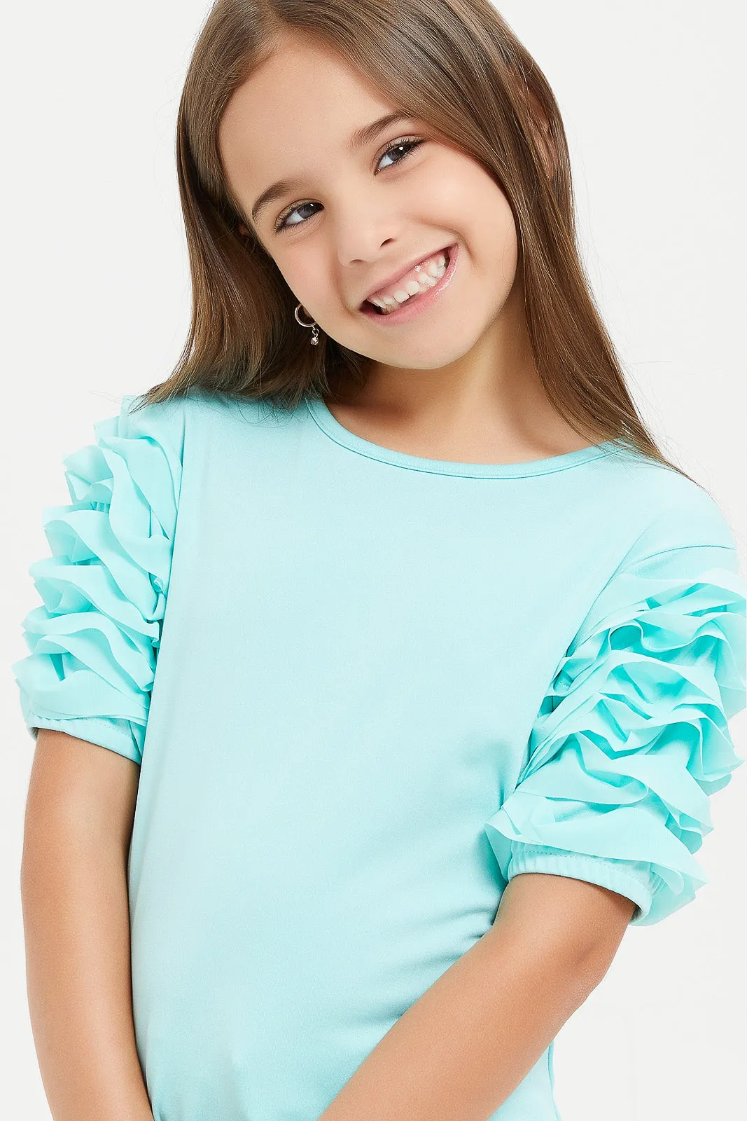 Girls Turquoise Puff Sleeve Top