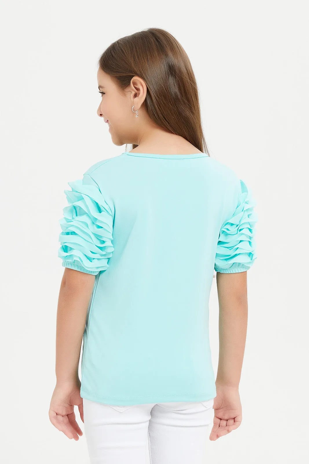 Girls Turquoise Puff Sleeve Top