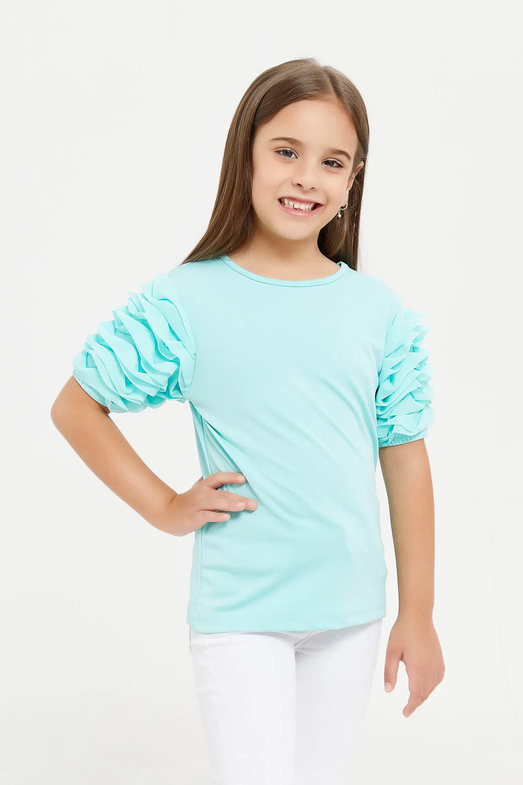 Girls Turquoise Puff Sleeve Top