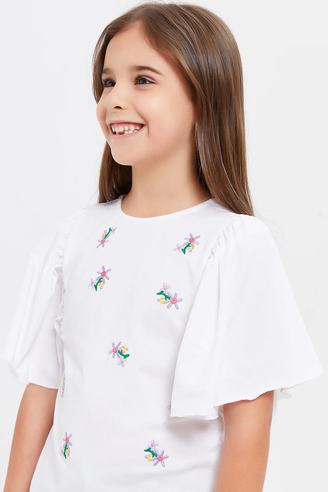 Girls White Embellished T-Shirt With Frill Sleeves