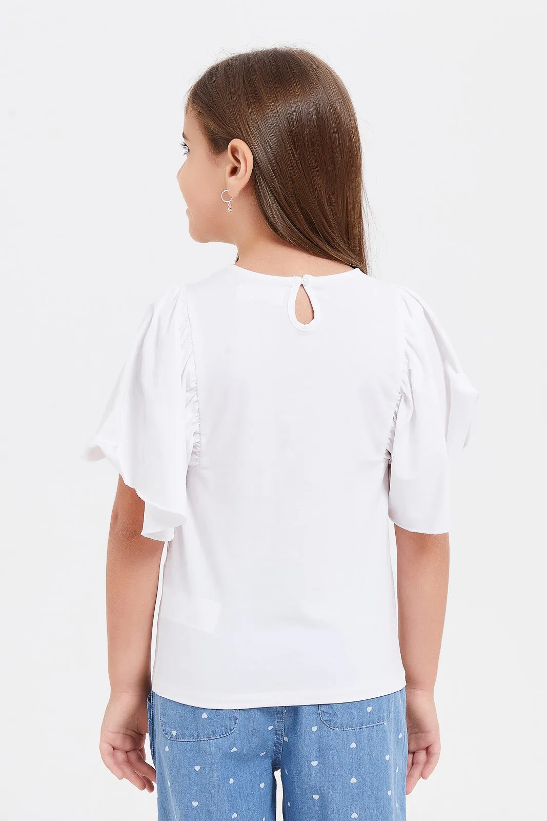 Girls White Embellished T-Shirt With Frill Sleeves