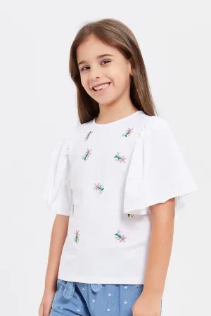 Girls White Embellished T-Shirt With Frill Sleeves