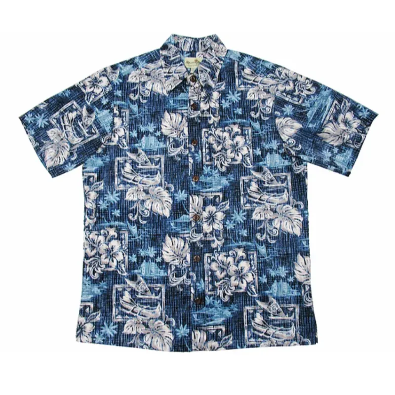 Hawaiian Kayak & Hibiscus Reverse Cotton Aloha Shirt | Black, Blue