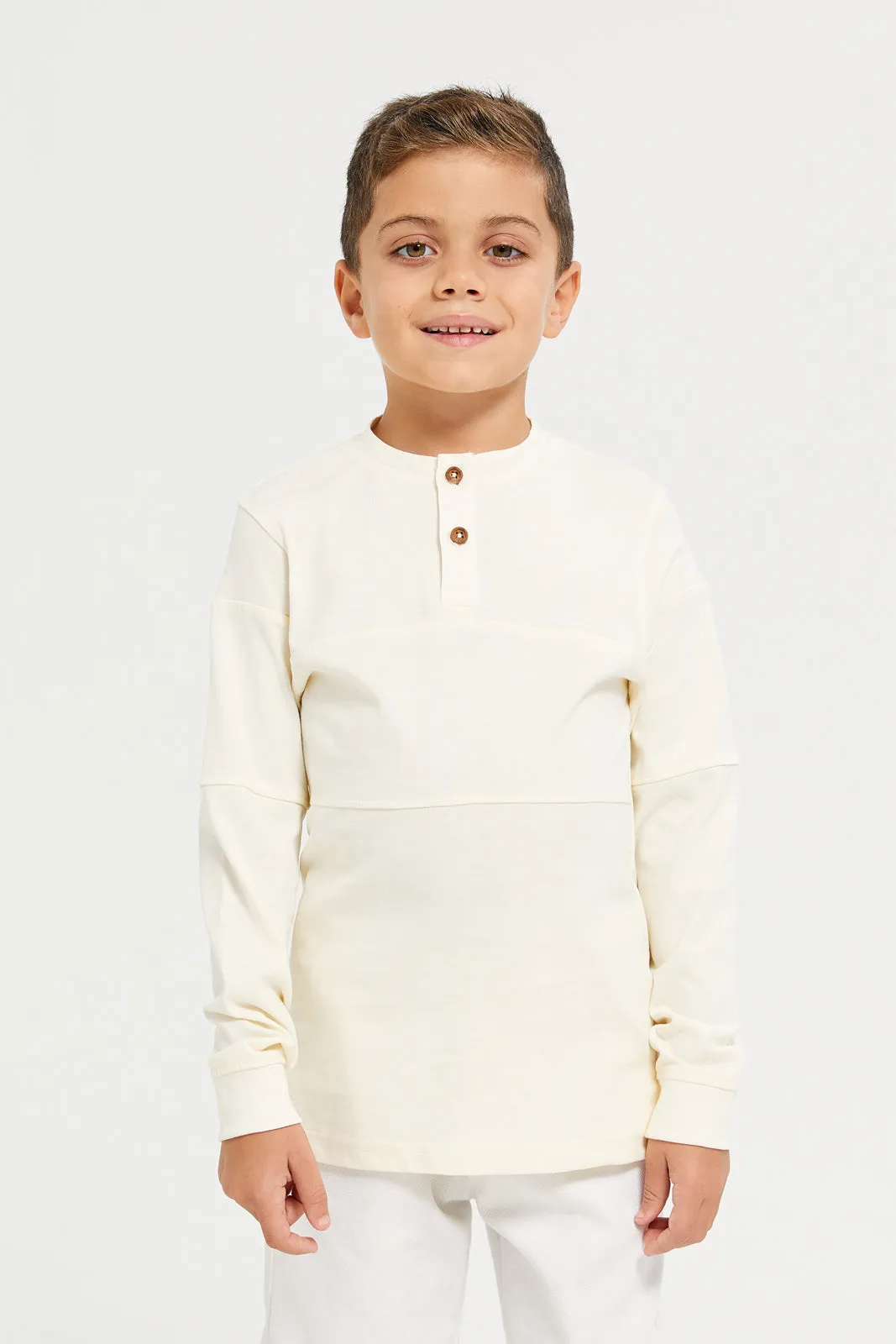 Junior Boys White Long Sleeve Cut & Sew Mandarin Tshirt