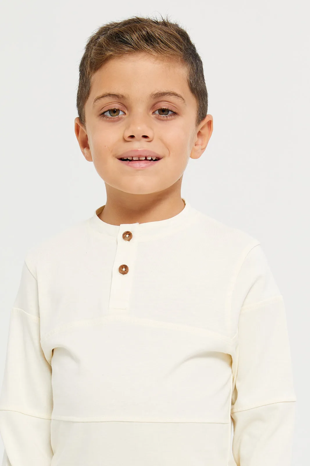 Junior Boys White Long Sleeve Cut & Sew Mandarin Tshirt