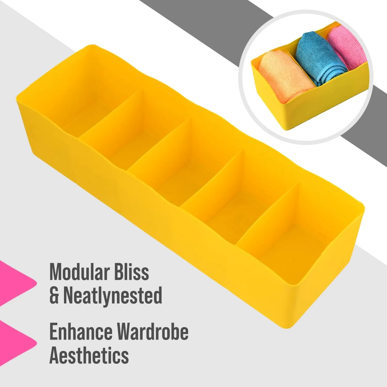 Kuber Industries Drawer Organizer | Plastic Undergarment Organizer for Socks-Ties | Stackable Drawer Divider Box | Closet Storage Box | 5 Grid Stationery Organizer | Pack of 2 | Yellow