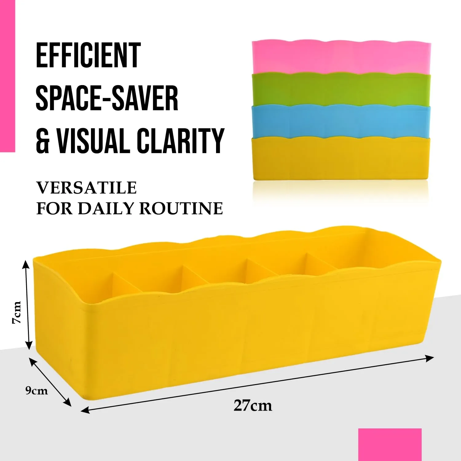 Kuber Industries Drawer Organizer | Plastic Undergarment Organizer for Socks-Ties | Stackable Drawer Divider Box | Closet Storage Box | 5 Grid Stationery Organizer | Pack of 2 | Yellow