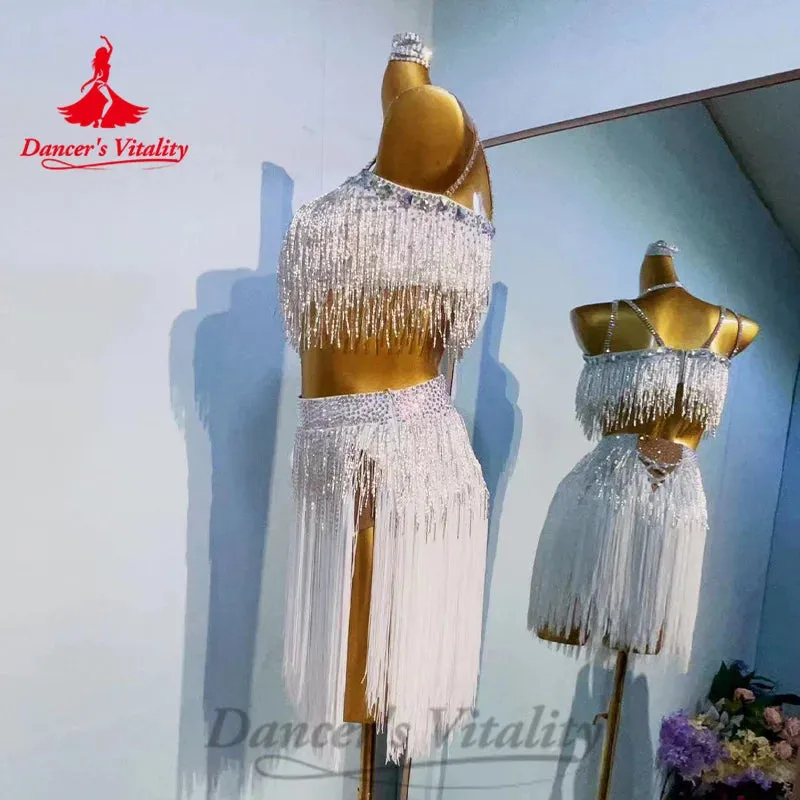 Latin Dance Costumes Set Customized Light Luxury Hot Diamond Top Tassel Short Skirt 2pcs Tango Chacha Rumba Performance Costume