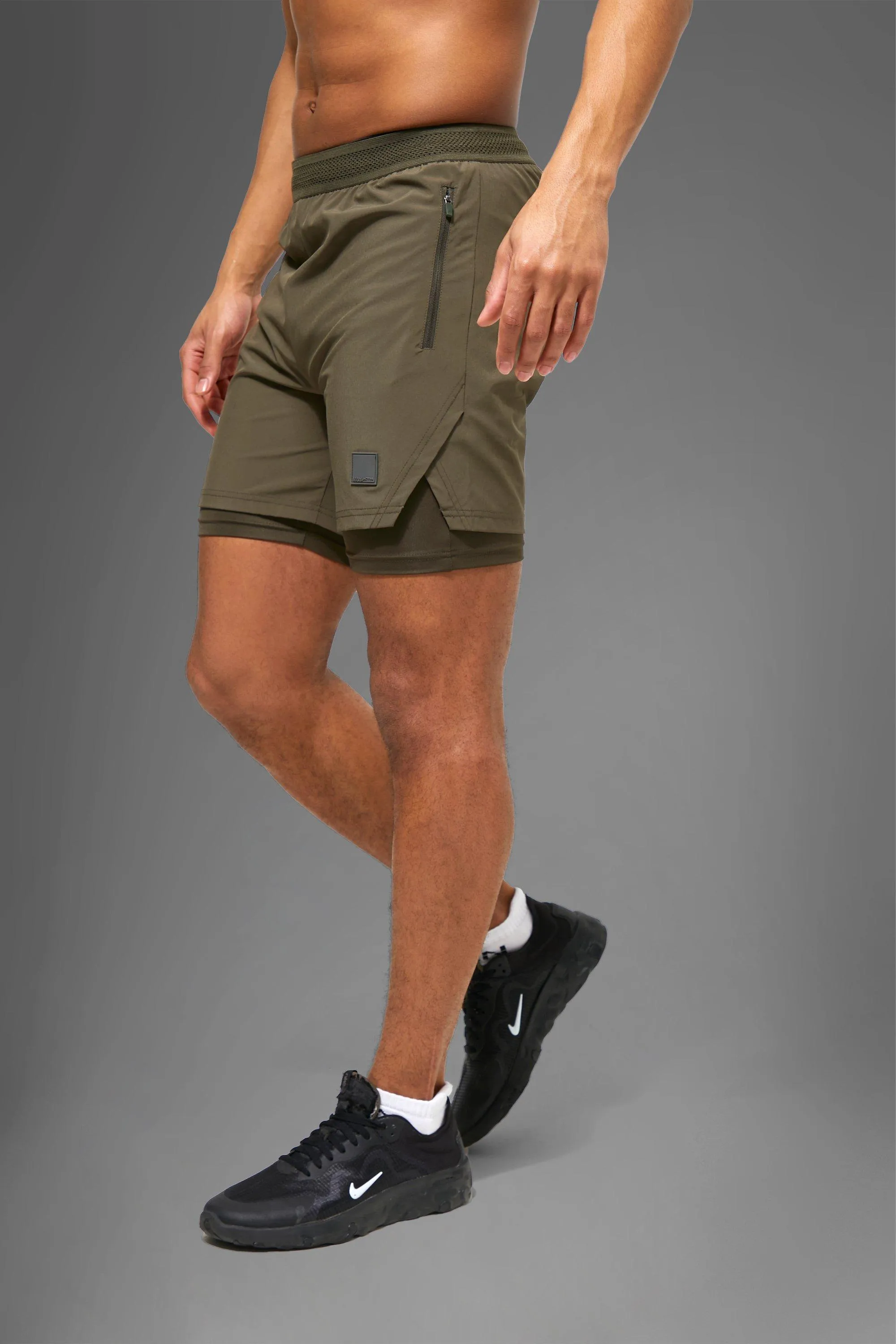 Men's active performance 2-in-1 shorts Boohoo, khaki