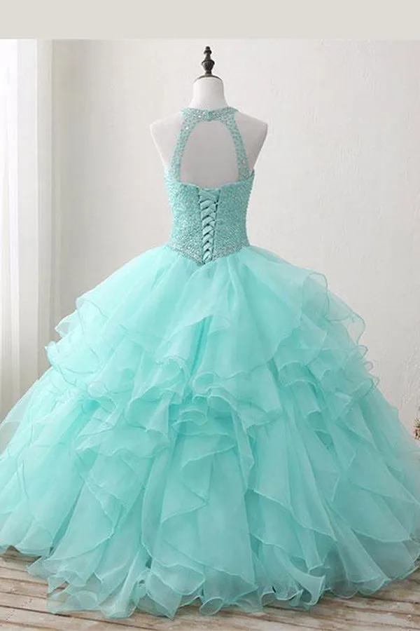 Mint Ball Gown Floor Length Halter Keyhole Back Beading Ruffles Prom Dresses