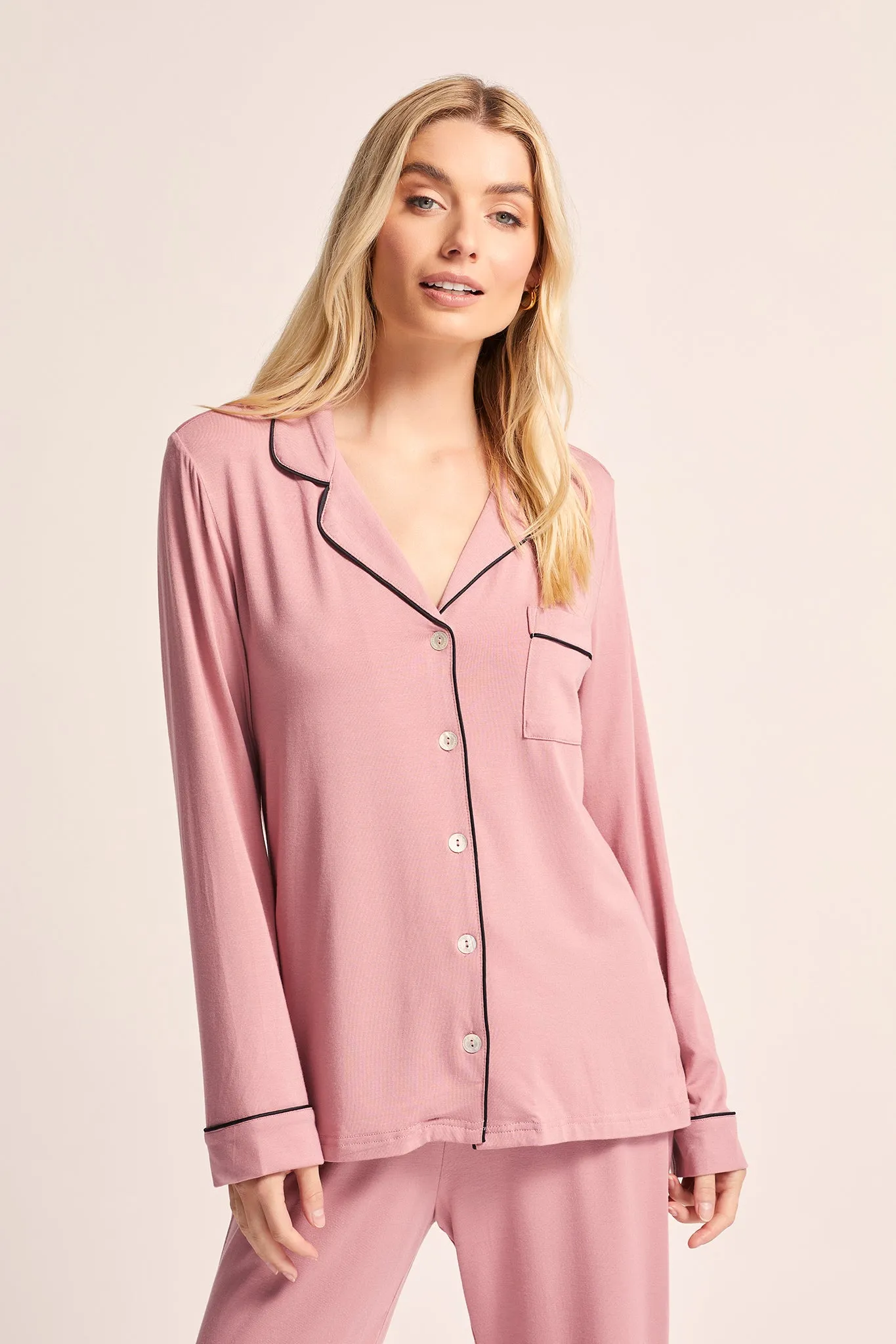 Petra Tencel™ Lounge Pyjama Set - Dusty Rose with Black Piping