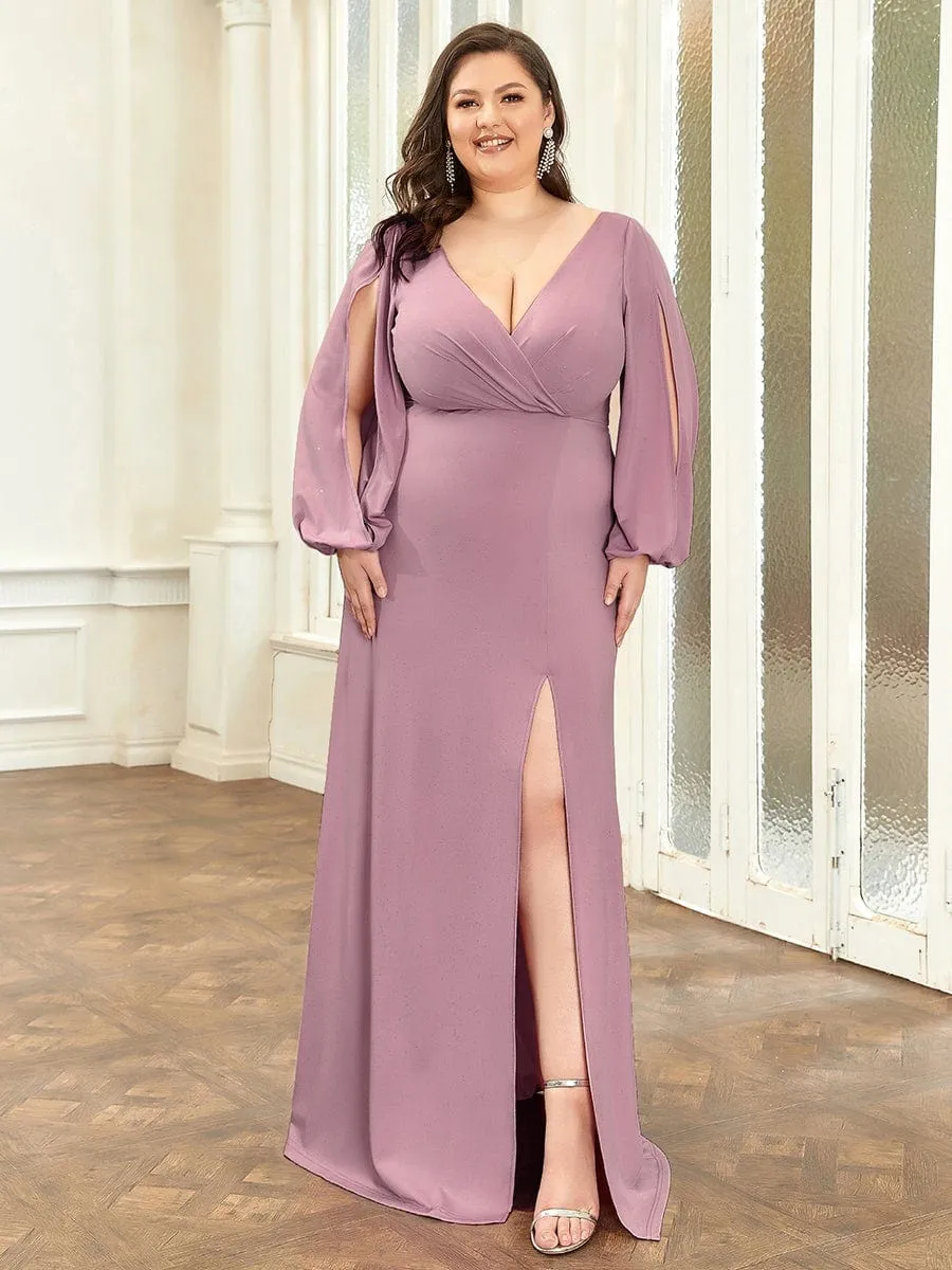 Plus Size Lantern Sleeve V-Neck Floor-Length Mother of the Bride Dress