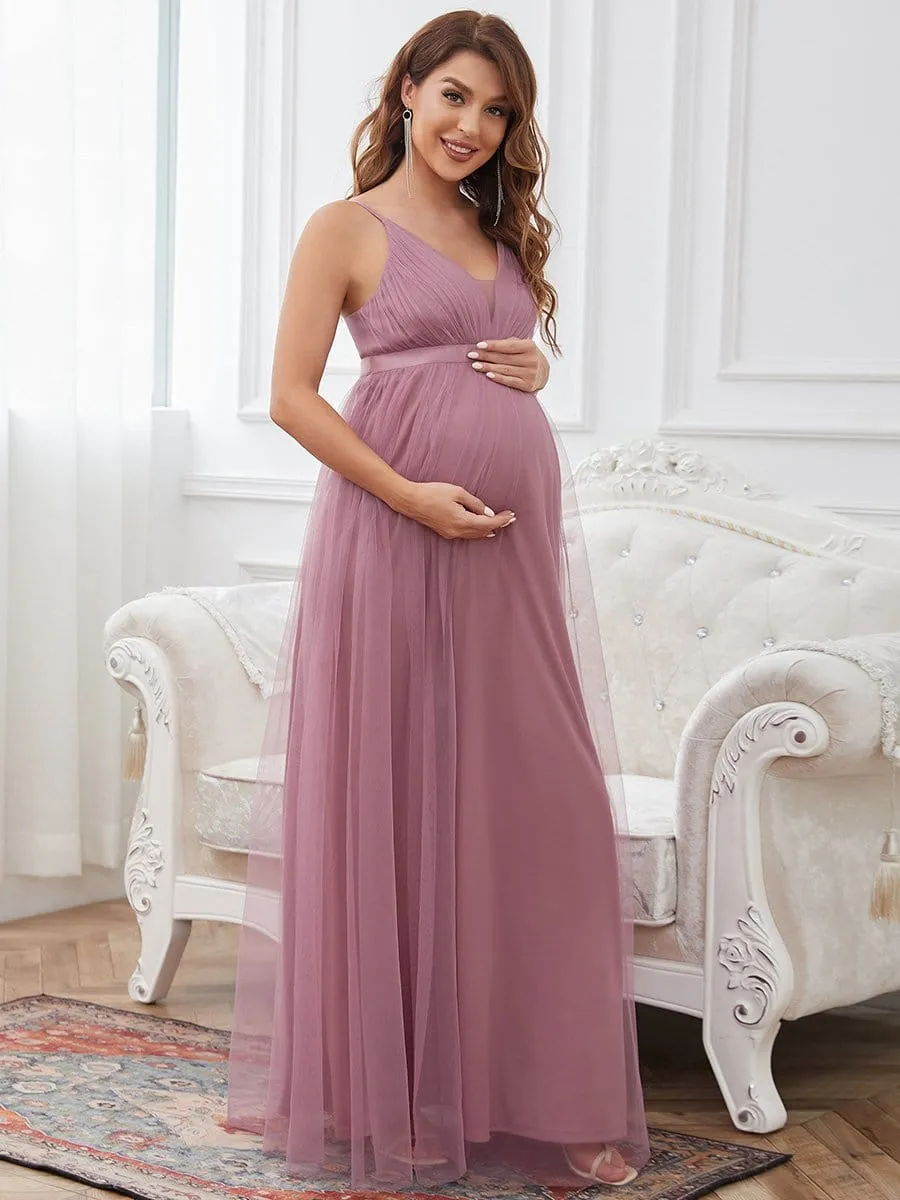 Ruched Spaghetti Strap V-Neck A-Line Maternity Dress