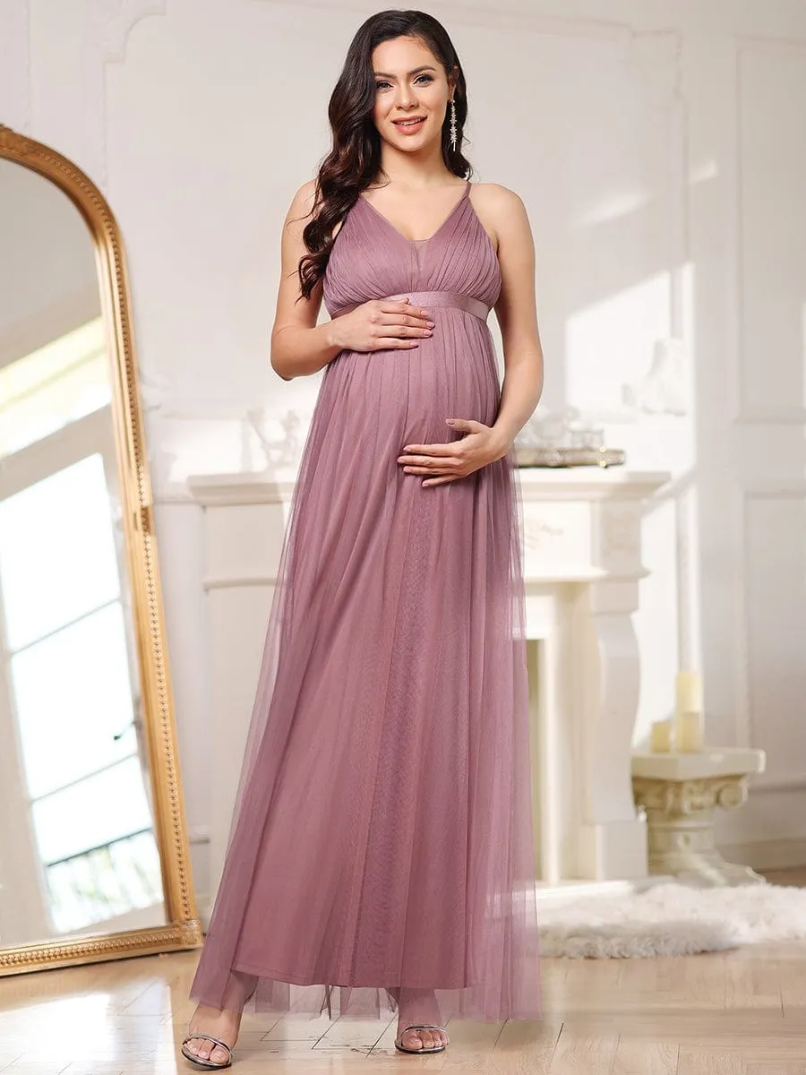 Ruched Spaghetti Strap V-Neck A-Line Maternity Dress