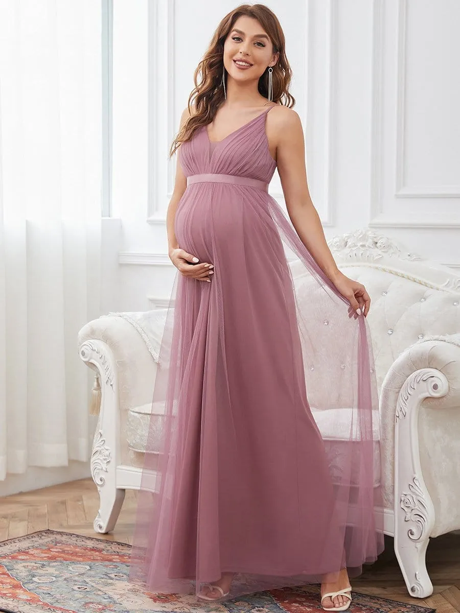 Ruched Spaghetti Strap V-Neck A-Line Maternity Dress