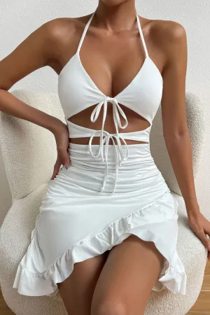 Sexy Halter Tie Front Cutout Ruched Bodycon Ruffled Club Mini Dress - White