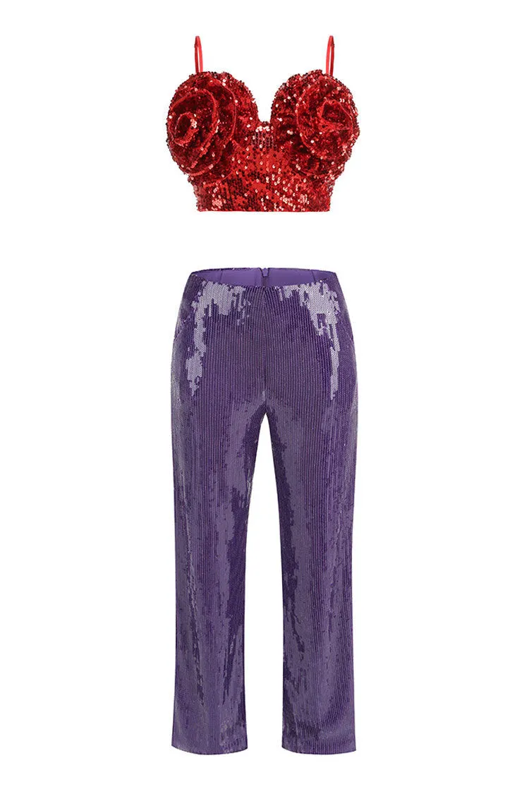 Sparkly Sequin Rosette Crop Top High Rise Zip Up Two Piece Party Pant Set