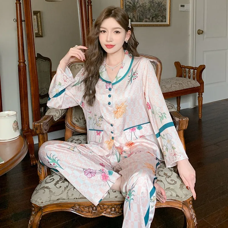 Spring Autumn Silk Like Pajamas Women's Long Sleeve Pants Fashion Cardigan Flower Print Loose Homewear Two Piece Set