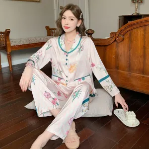 Spring Autumn Silk Like Pajamas Women's Long Sleeve Pants Fashion Cardigan Flower Print Loose Homewear Two Piece Set