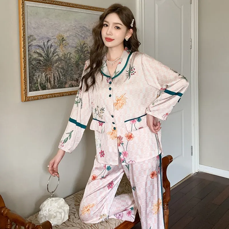 Spring Autumn Silk Like Pajamas Women's Long Sleeve Pants Fashion Cardigan Flower Print Loose Homewear Two Piece Set