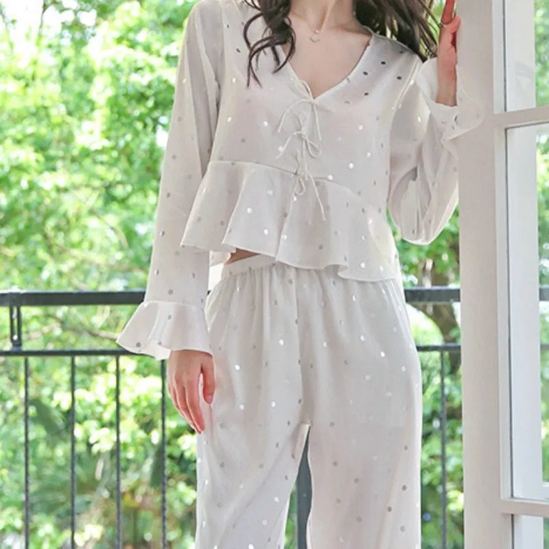 Spring Summer Imitation Silk Pajamas Women's  V-Neck Long Sleeve Pants Two Piece Set Polka Dot Printing Home Clothing