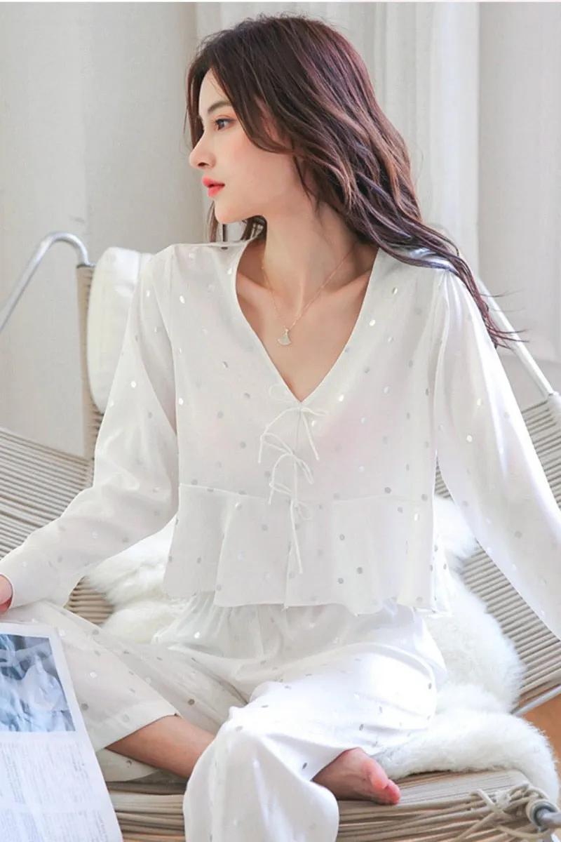 Spring Summer Imitation Silk Pajamas Women's  V-Neck Long Sleeve Pants Two Piece Set Polka Dot Printing Home Clothing