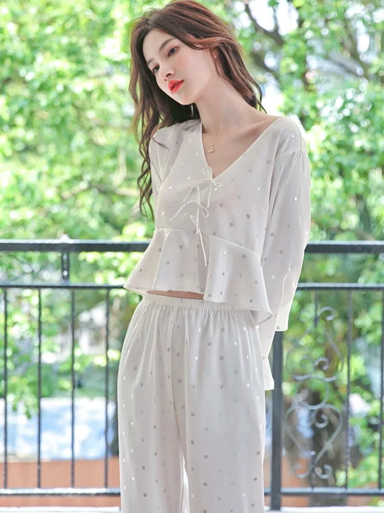 Spring Summer Imitation Silk Pajamas Women's  V-Neck Long Sleeve Pants Two Piece Set Polka Dot Printing Home Clothing