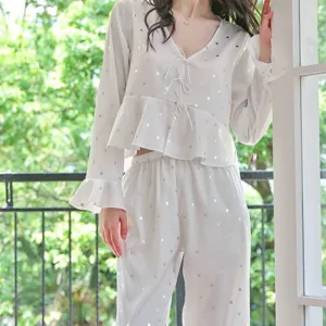 Spring Summer Imitation Silk Pajamas Women's  V-Neck Long Sleeve Pants Two Piece Set Polka Dot Printing Home Clothing