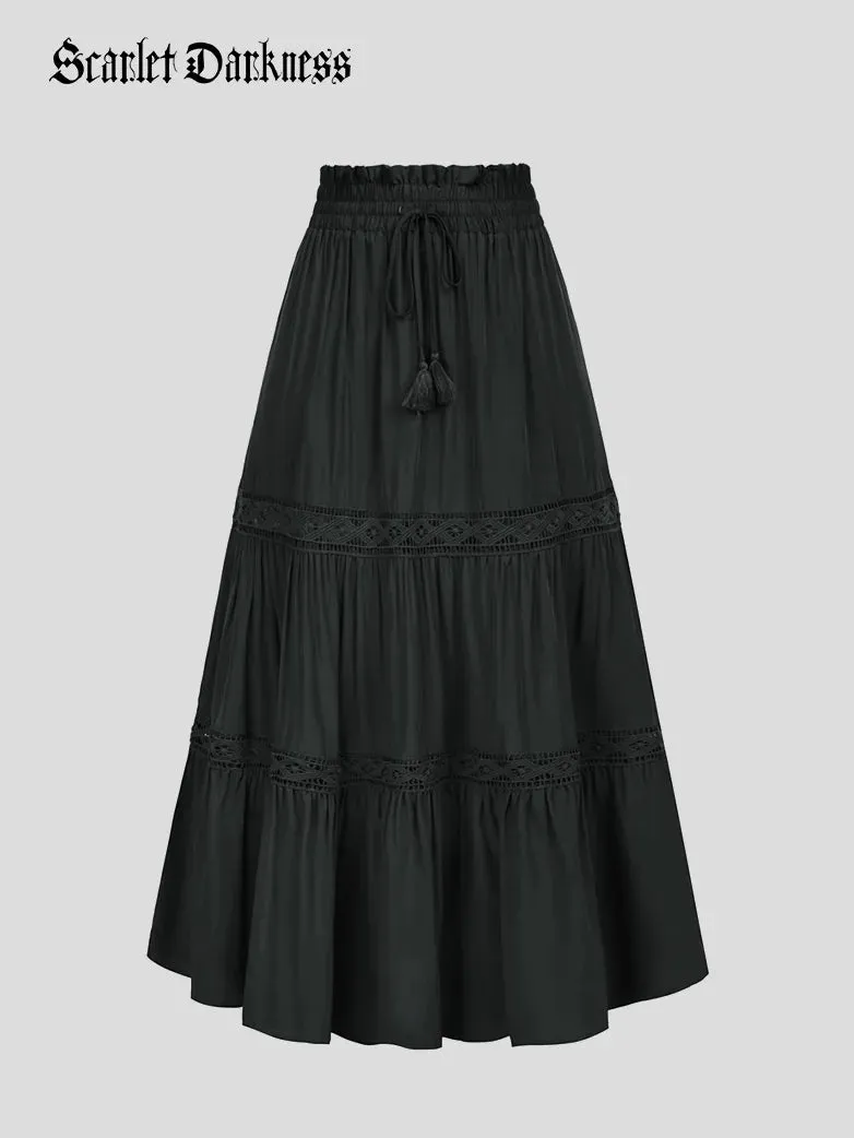 Tiered Swing Elastic Drawstring Waist Flared Maxi Skirt