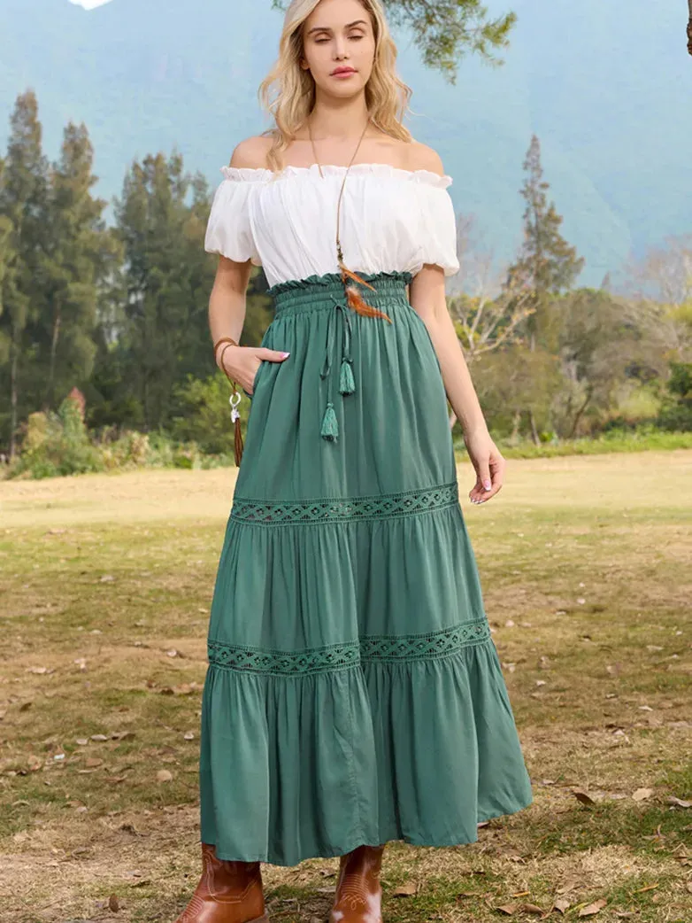 Tiered Swing Elastic Drawstring Waist Flared Maxi Skirt